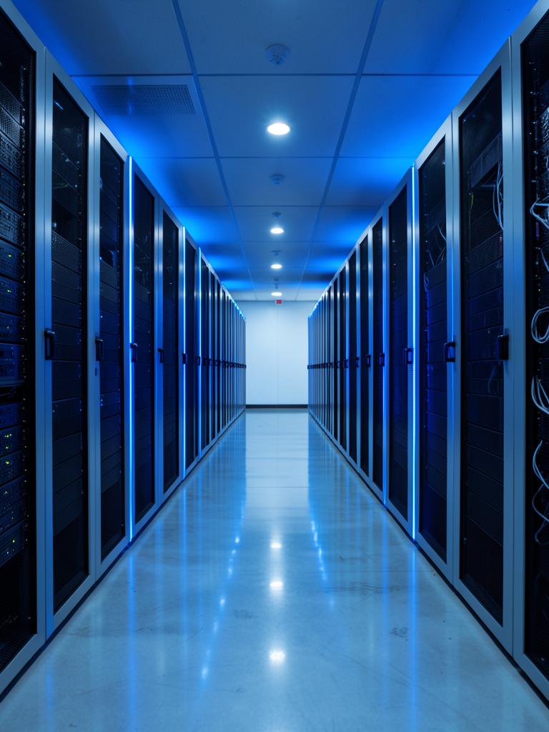 Datacenter corridor with illuminated server cabinets